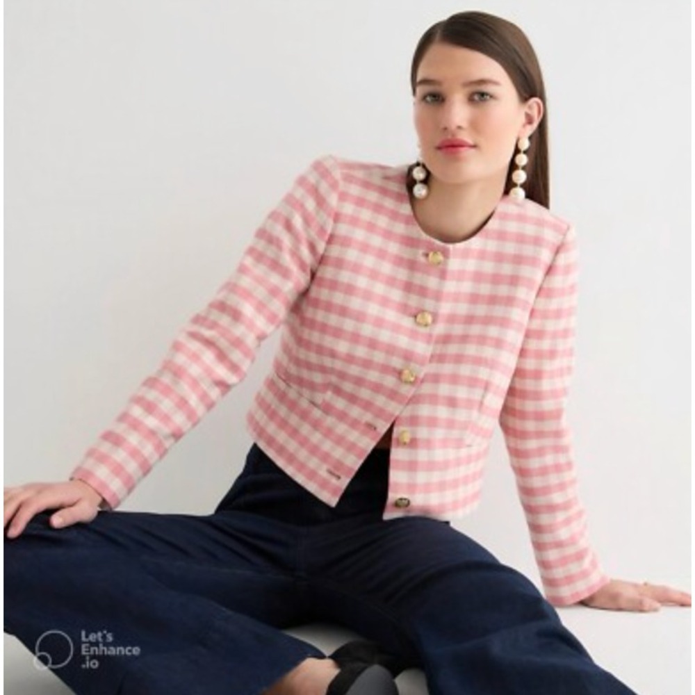 NWT J.Crew Sz 0 Louisa Lady Jacket Blazer Pink Plaid Gingham Terry Tweed BR726